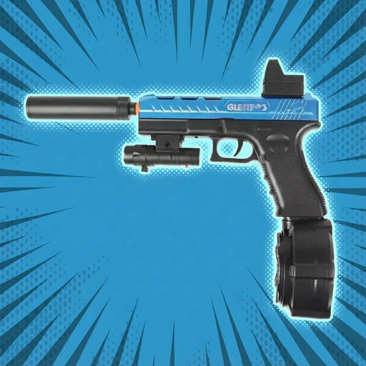 Výhodný balíček 2× Gelshot Glock 17 pistole a 2× náboje od gelshot.cz: modročerná hračka se zásobníkem, tlumičem a laserem na stylovém komiksovém pozadí - ideální pro zábavné gelové bitvy!.