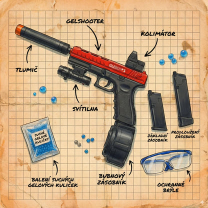 Ilustrace gelshot.cz Výhodný balíček - 2× Gelshot Glock 17 pistolka + 2× náboje, s tlumičem, laserovým zaměřovačem, zásobníky, gelovými náboji, ochrannými brýlemi a modrými gelovými kuličkami na mřížkovaném papíře.