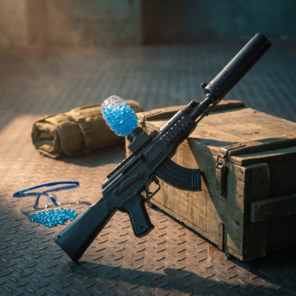Gelshot AK47 s ochrannými brýlemi a gelovými kuličkami připravený k bitvě