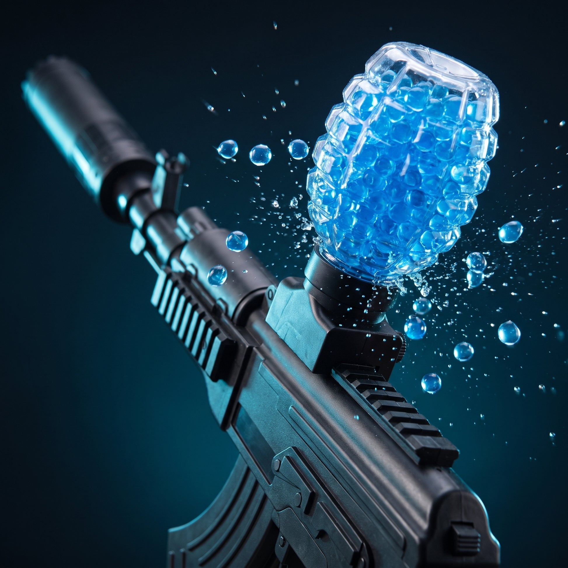 Detail zásobníku Gelshot AK47 s modrými gelovými kuličkami