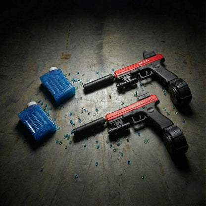 Výhodný balíček od gelshot.cz obsahuje 2× Gelshot Glock 17 pistolky a 2× lahvičky nábojů-ideální set pro dva hráče!.