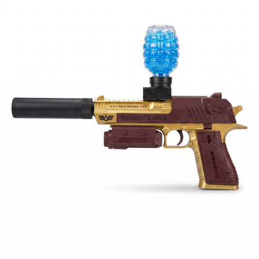 Gelshot Desert Eagle pistole na gelové kuličky na bílém pozadí – boční profil s tlumičem