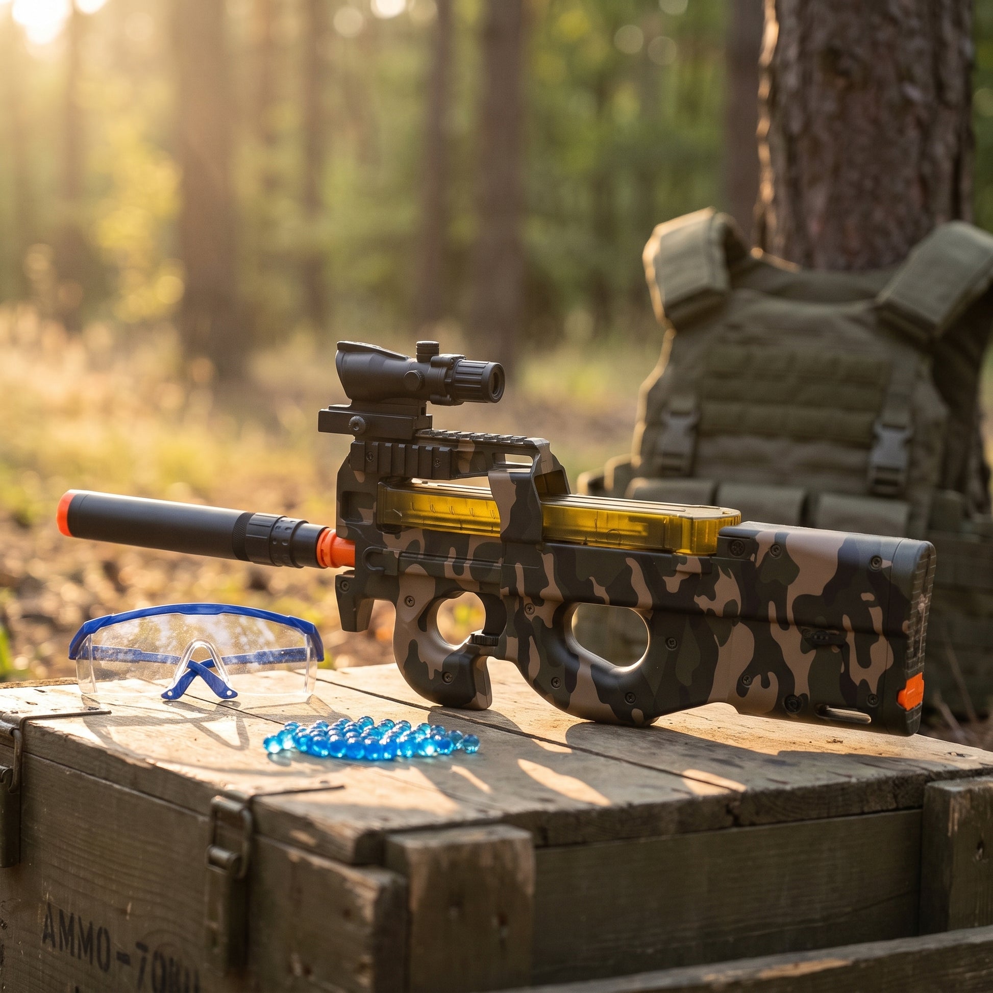 Gelshot P90 na dřevěné bedně s ochrannými brýlemi a gelovými kuličkami