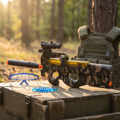 Gelshot P90 na dřevěné bedně s ochrannými brýlemi a gelovými kuličkami