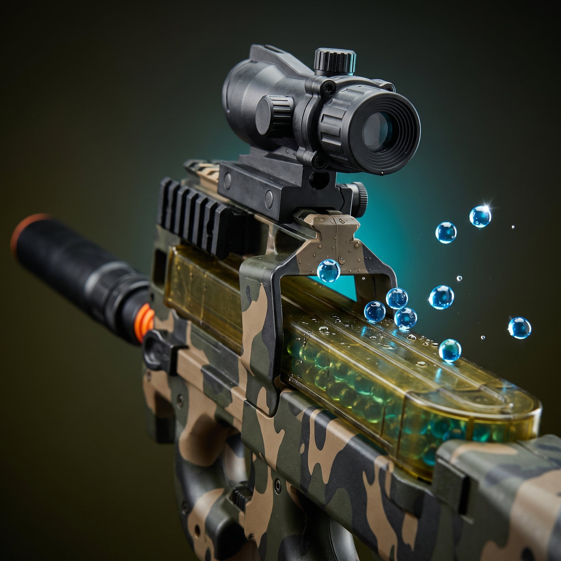 Detail zaměřovače a průhledného zásobníku Gelshot P90
