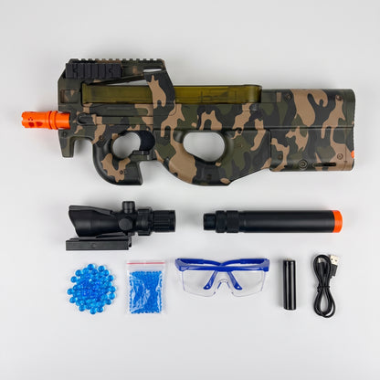 Obsah balení Gelshot P90 – zbraň, zaměřovač, tlumič, kuličky, baterie, USB kabel a ochranné brýle
